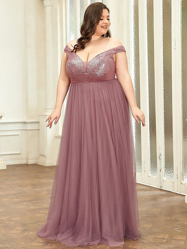 Luolandi Bridesmaid Dress V Neck Sleeveless Elegant Floor Length Tulle / Sequined with Draping / Tier