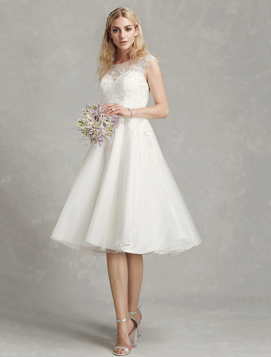 Luolandi Reception Little Dresses Wedding Dresses A-Line Illusion Neck Cap Sleeve Knee Length Lace Bridal Gowns