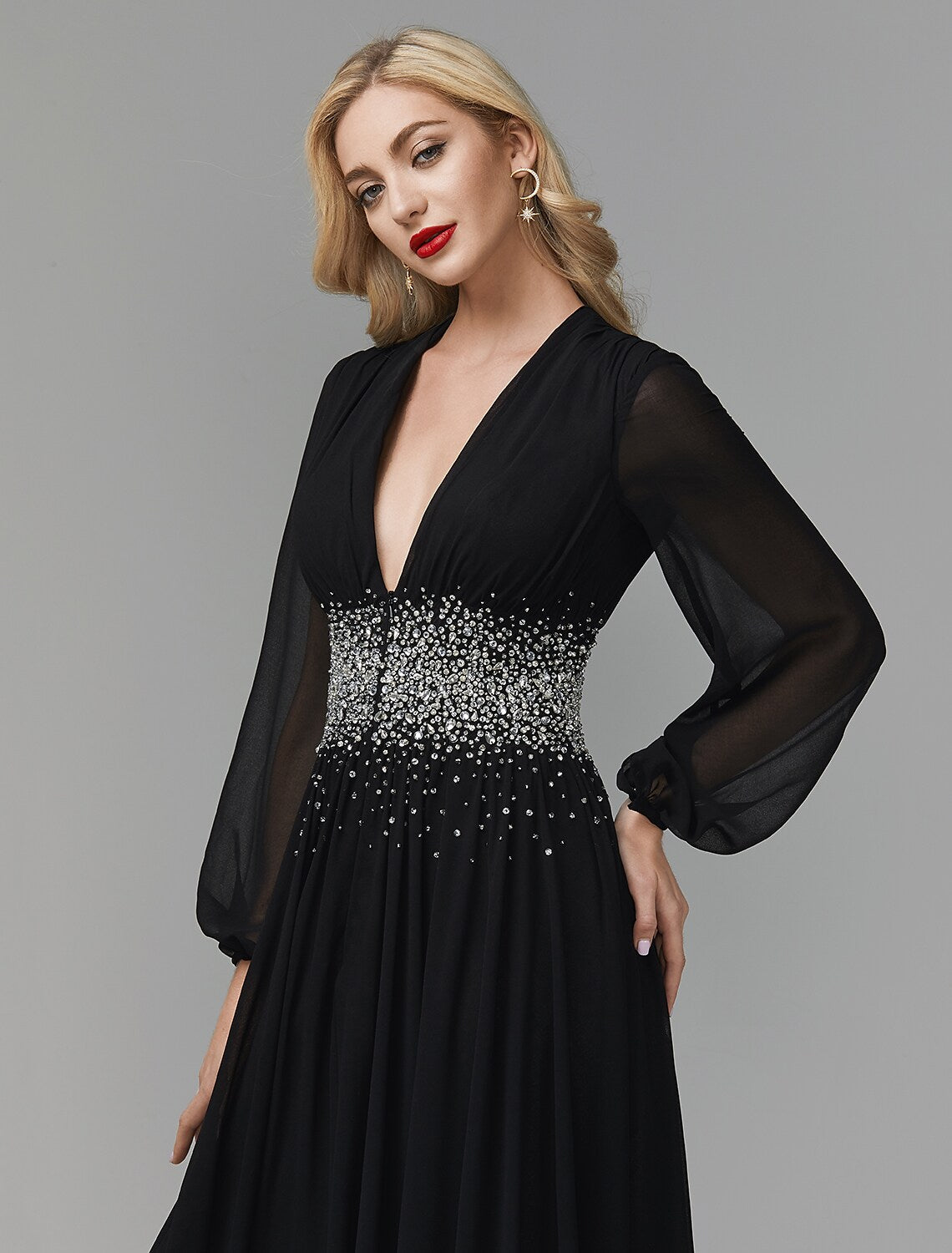 Luolandi A-Line Evening Dress Celebrity Red Carpet Formal Gown Black Tie Wedding Guest Floor Length Long Sleeve V Neck Chiffon
