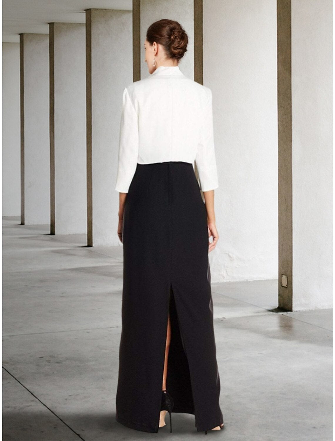 Luolandi Two Piece Sheath / Column Mother of the Bride Dress Wedding Guest Elegant Black Dress V Neck Ankle Length Chiffon Half Sleeve with Sequin Split