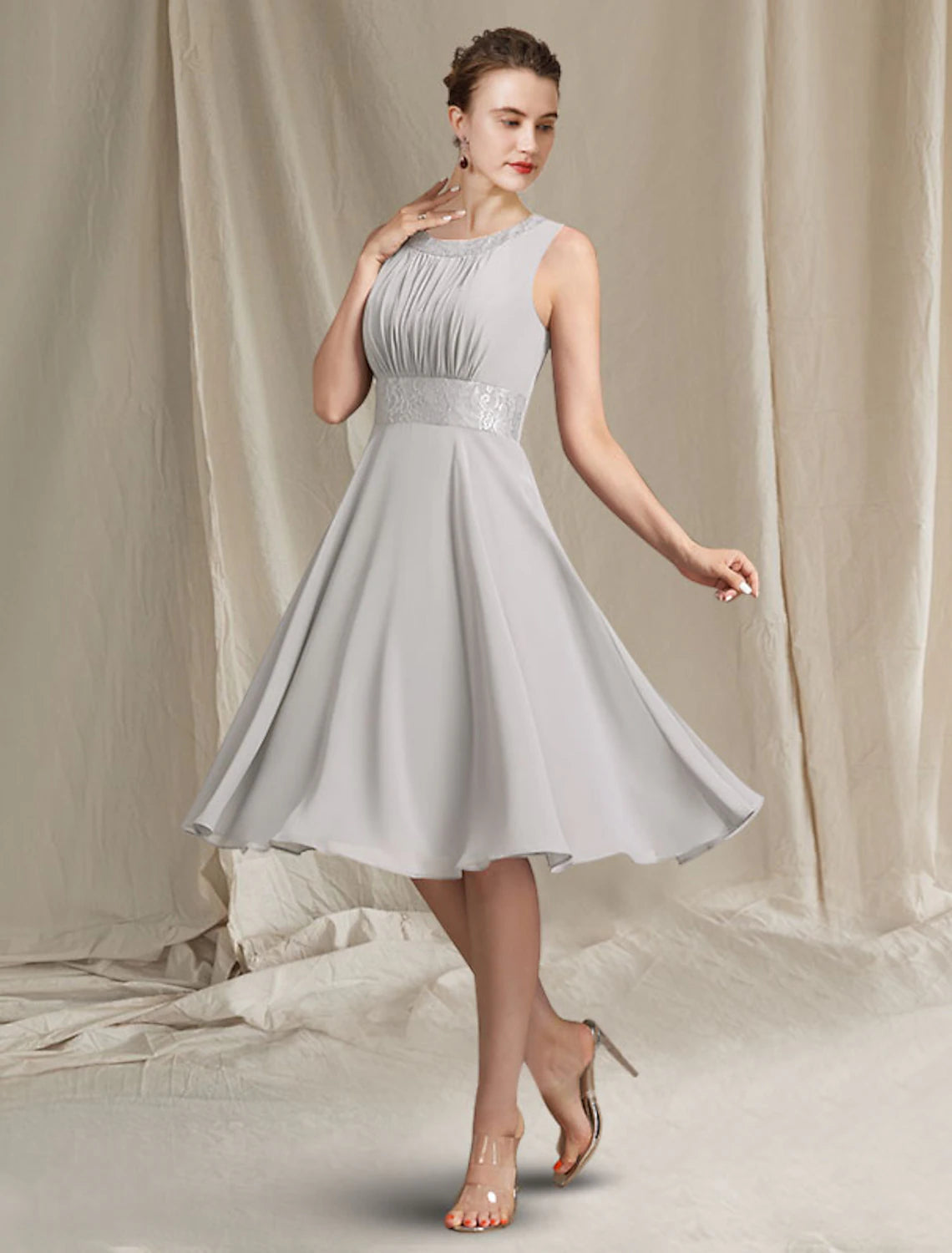 Luolandi Two Piece A-Line Mother of the Bride Dress Church Elegant Jewel Neck Knee Length Chiffon Lace Sleeveless Wrap Included with Pleats