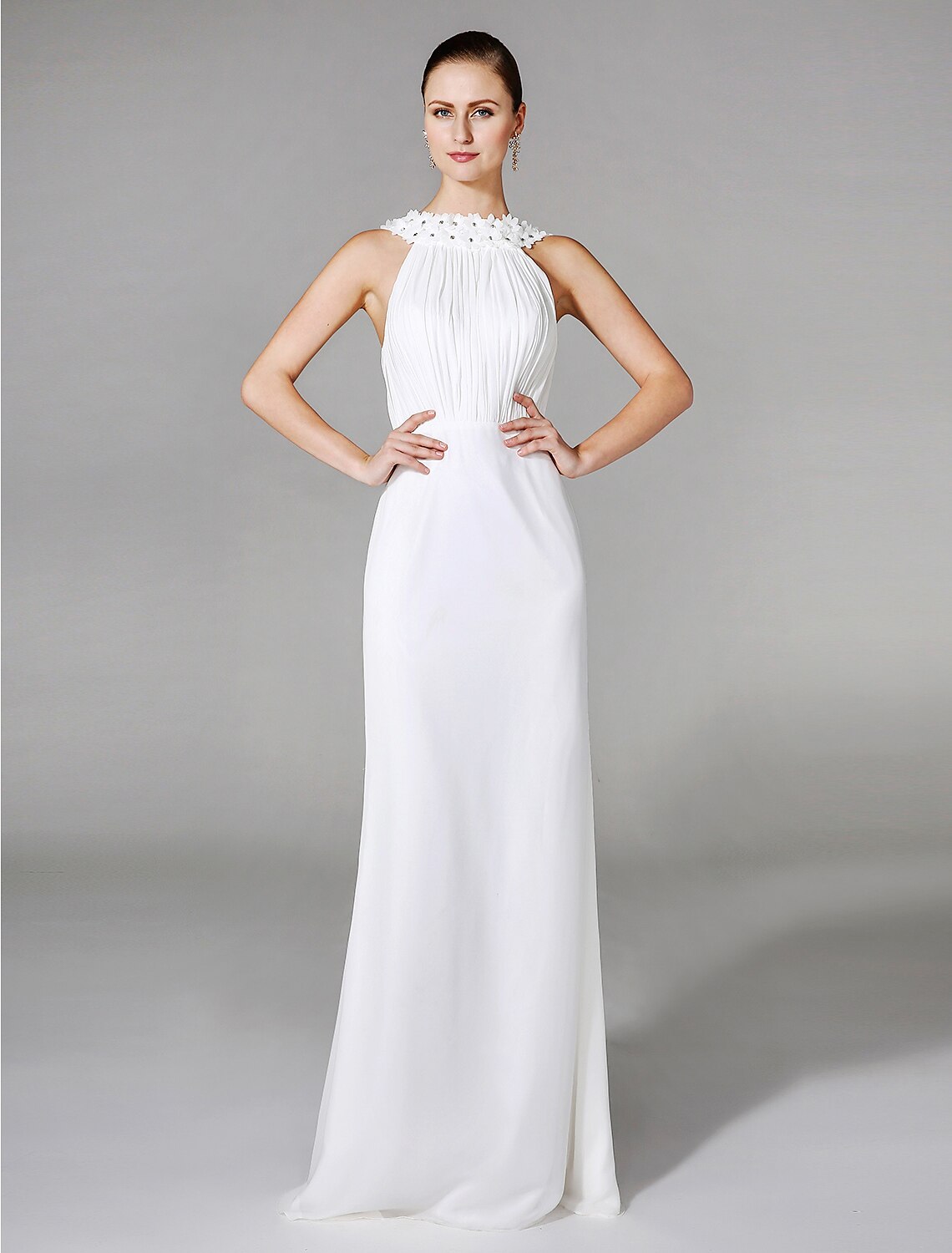 Luolandi Wedding Dresses Sheath / Column High Neck Sleeveless Chapel Train Chiffon Bridal Gowns