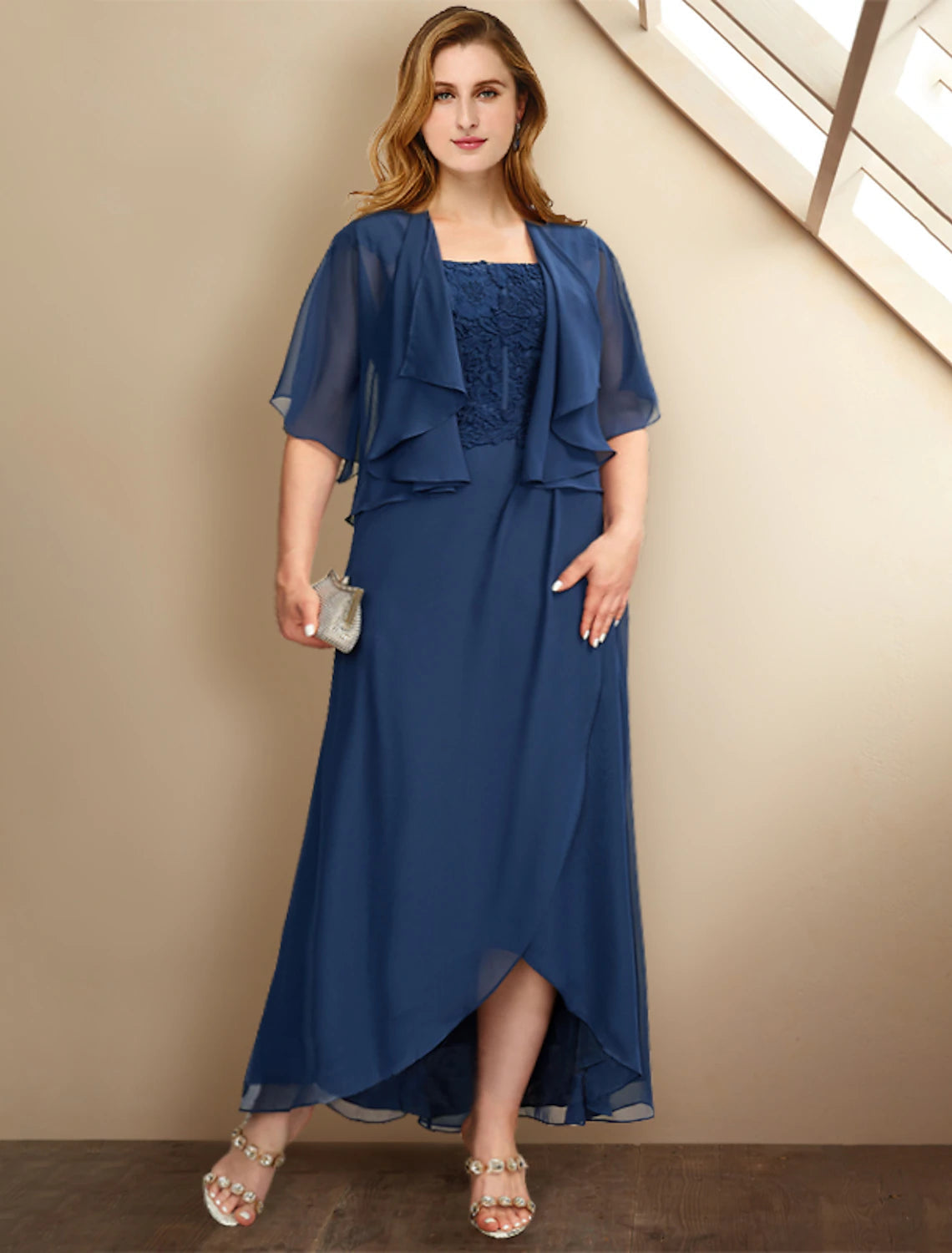 Luolandi Two Piece A-Line Mother of the Bride Dresses Plus Size Hide Belly Curve Elegant Dress Formal Asymmetrical Half Sleeve Square Neck Chiffon with Pleats