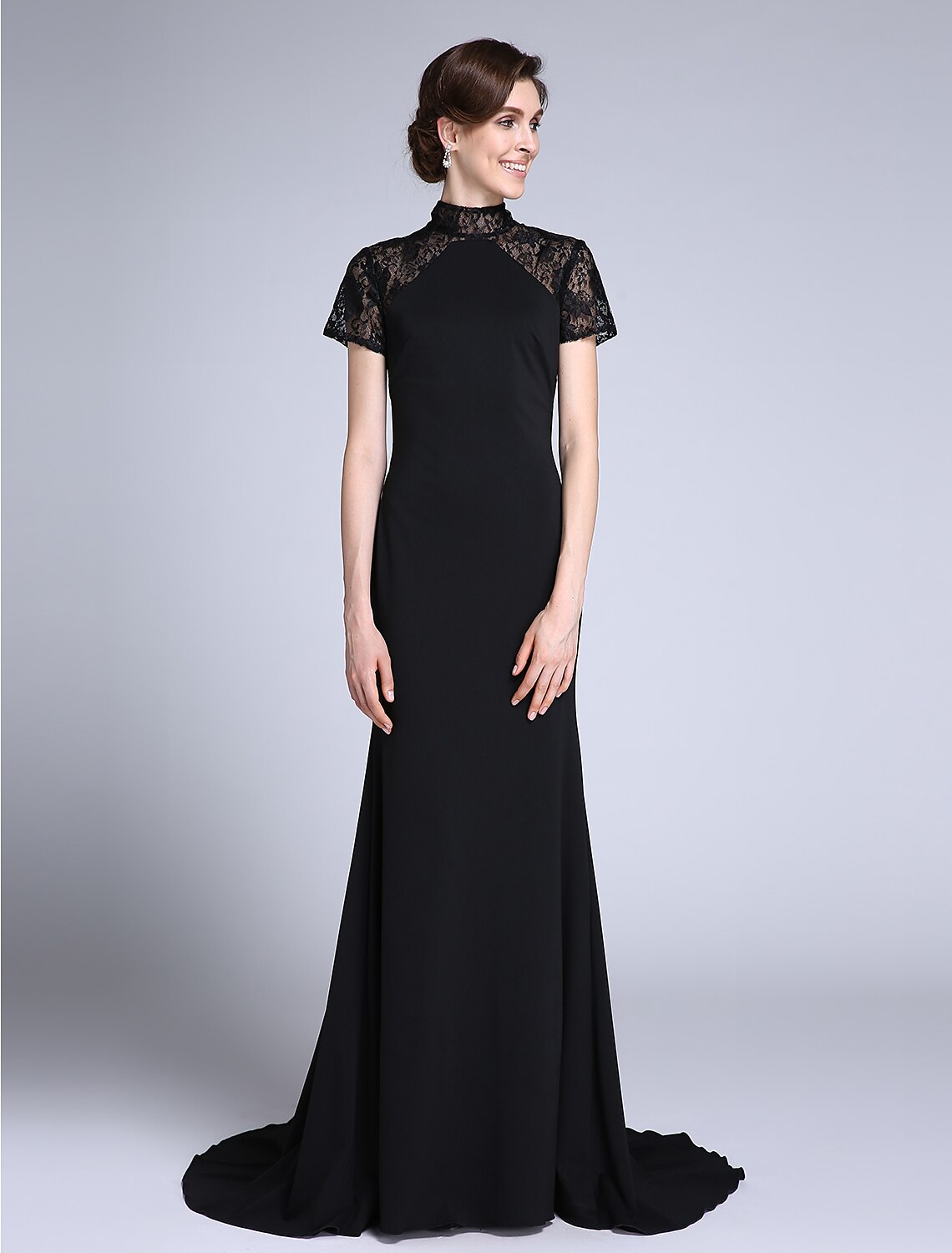 Luolandi Mermaid / Trumpet Mother of the Bride Dress Vintage Inspired High Neck Sweep / Brush Train Lace Jersey Short Sleeve
