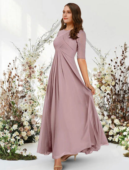 A-Line Evening Gown Elegant Dress Wedding Guest Formal Evening Floor Length Half Sleeve Jewel Neck Chiffon