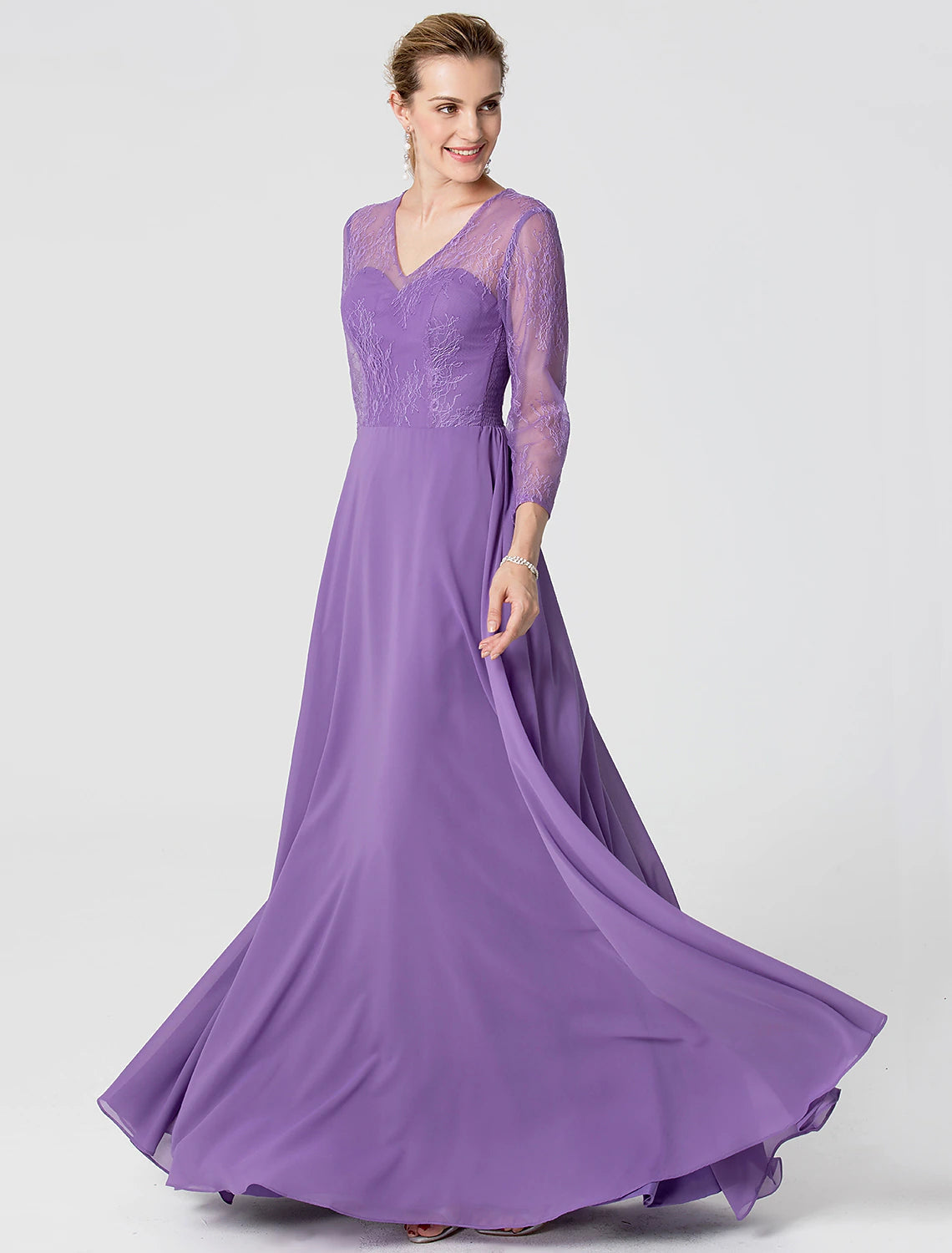 Luolandi A-Line Elegant Holiday Cocktail Party Formal Evening Dress V Neck 3/4 Length Sleeve Floor Length Chiffon Lace with Sash / Ribbon Beading