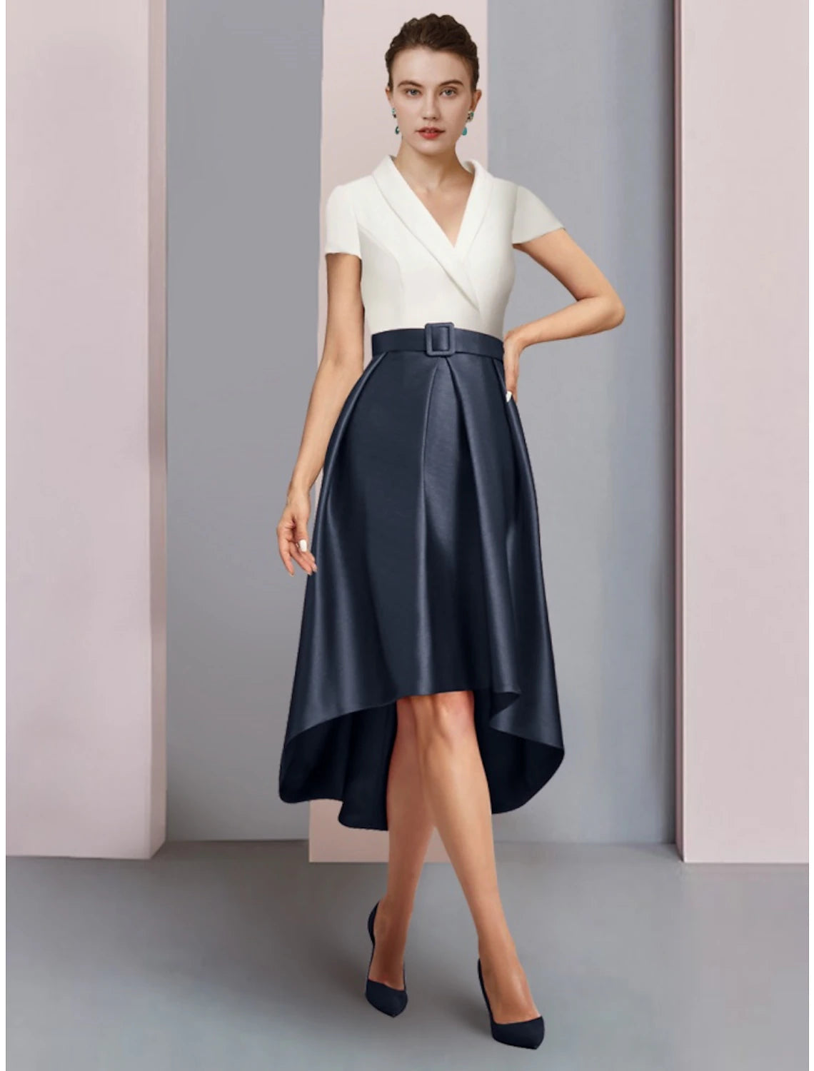 Luolandi A-Line Mother of the Bride Dress Wedding Guest Elegant Petite V Neck Asymmetrical Satin Short Sleeve
