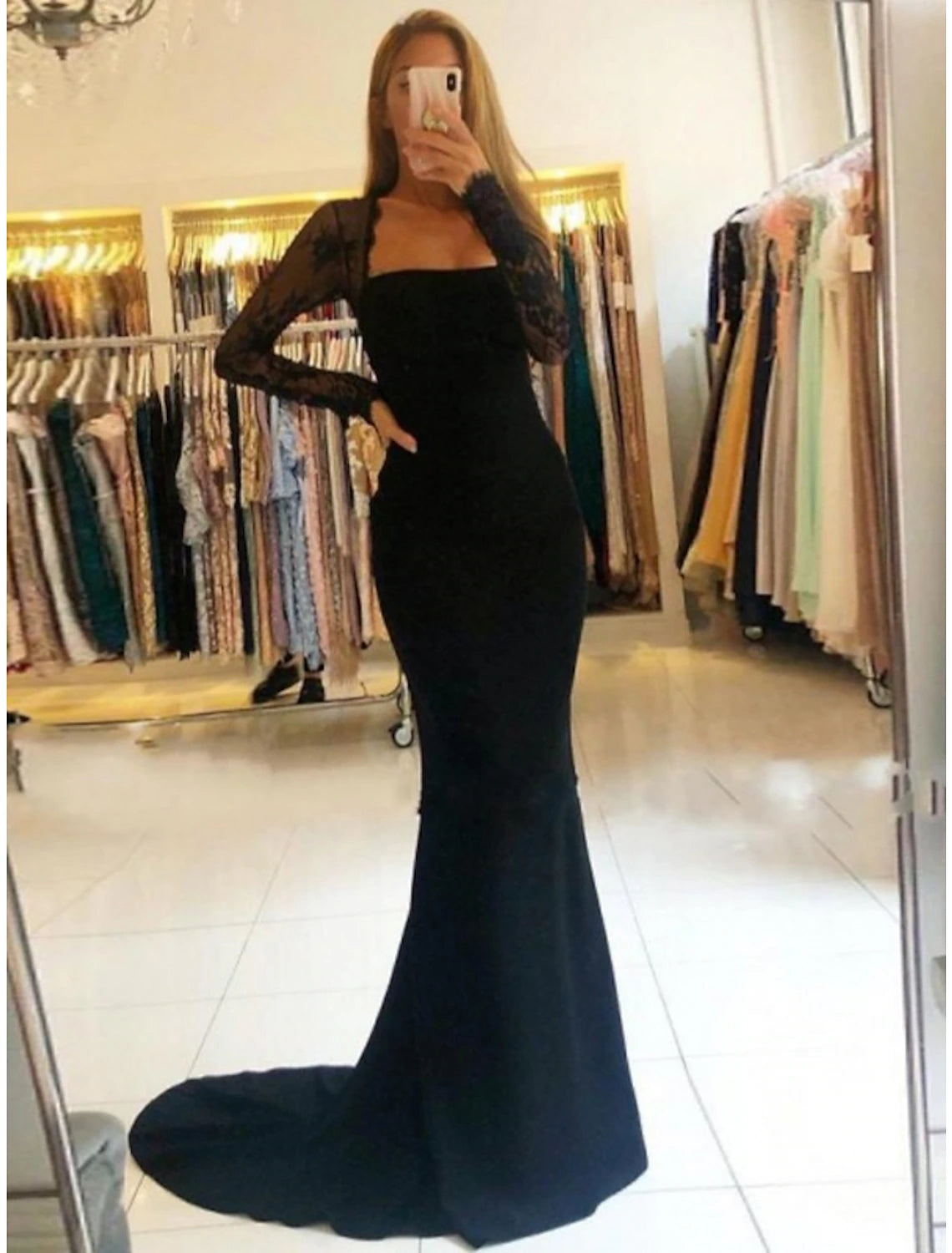 Luolandi Mermaid / Trumpet Prom Dresses Open Back Dress Formal Wedding Guest Court Train Long Sleeve Strapless Fabric Backless with Beading