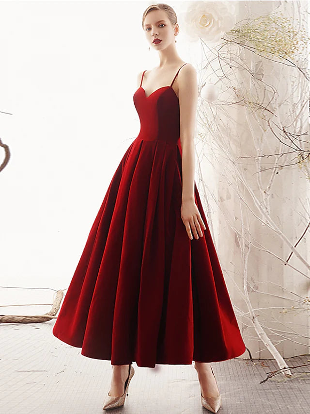 Luolandi A-Line Prom Dresses Beautiful Back Dress Party Wear Ankle Length Sleeveless Spaghetti Strap Velvet with Sleek