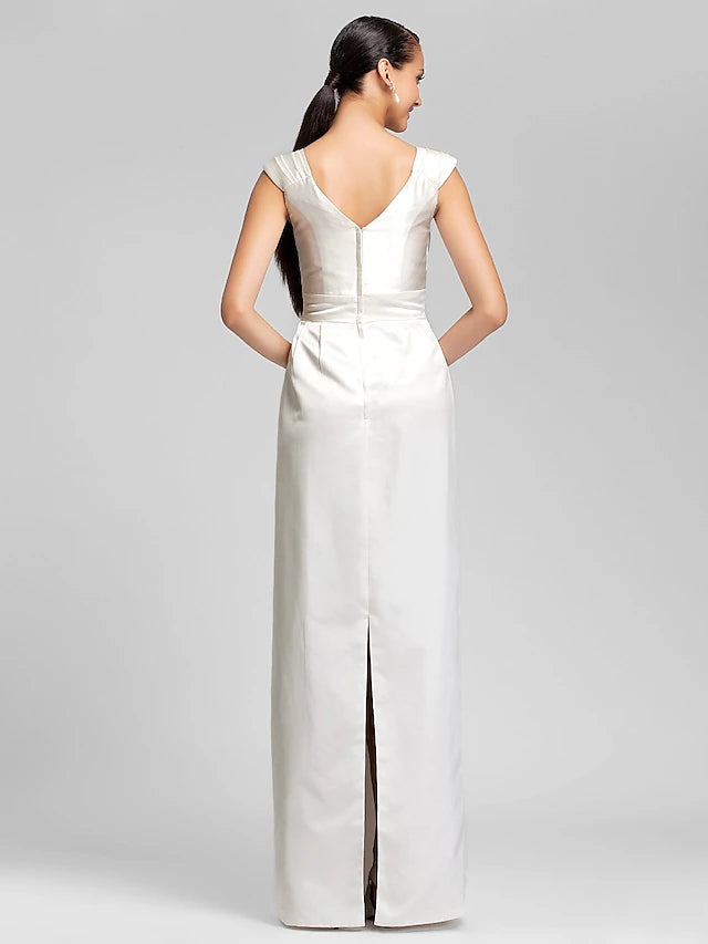 Luolandi Sheath / Column Bridesmaid Dress V Neck Sleeveless Elegant Floor Length Satin with Sash / Ribbon