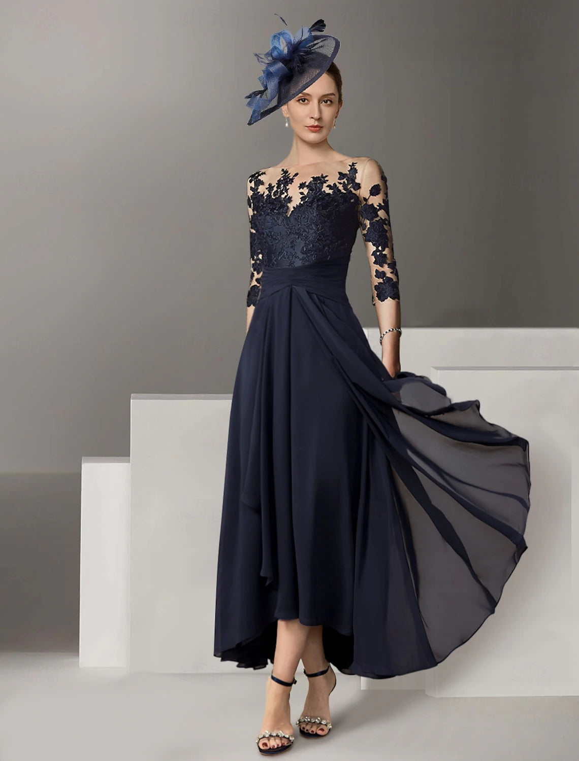 Luolandi A-Line Mother of the Bride Dress See Through Bateau Neck Lace 3/4 Length Sleeve