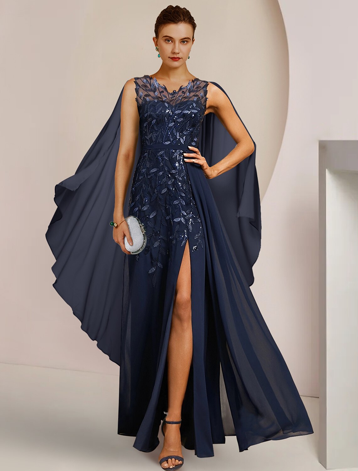 Luolandi A-Line Mother of the Bride Dress Formal Wedding Guest Elegant V Neck Floor Length Chiffon Sequined Sleeveless with Appliques