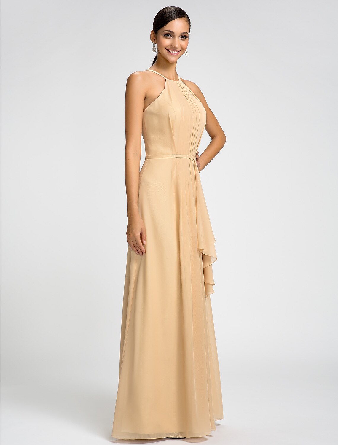 Luolandi Sheath High Neck Floor Length Chiffon Bridesmaid Dress with Draping