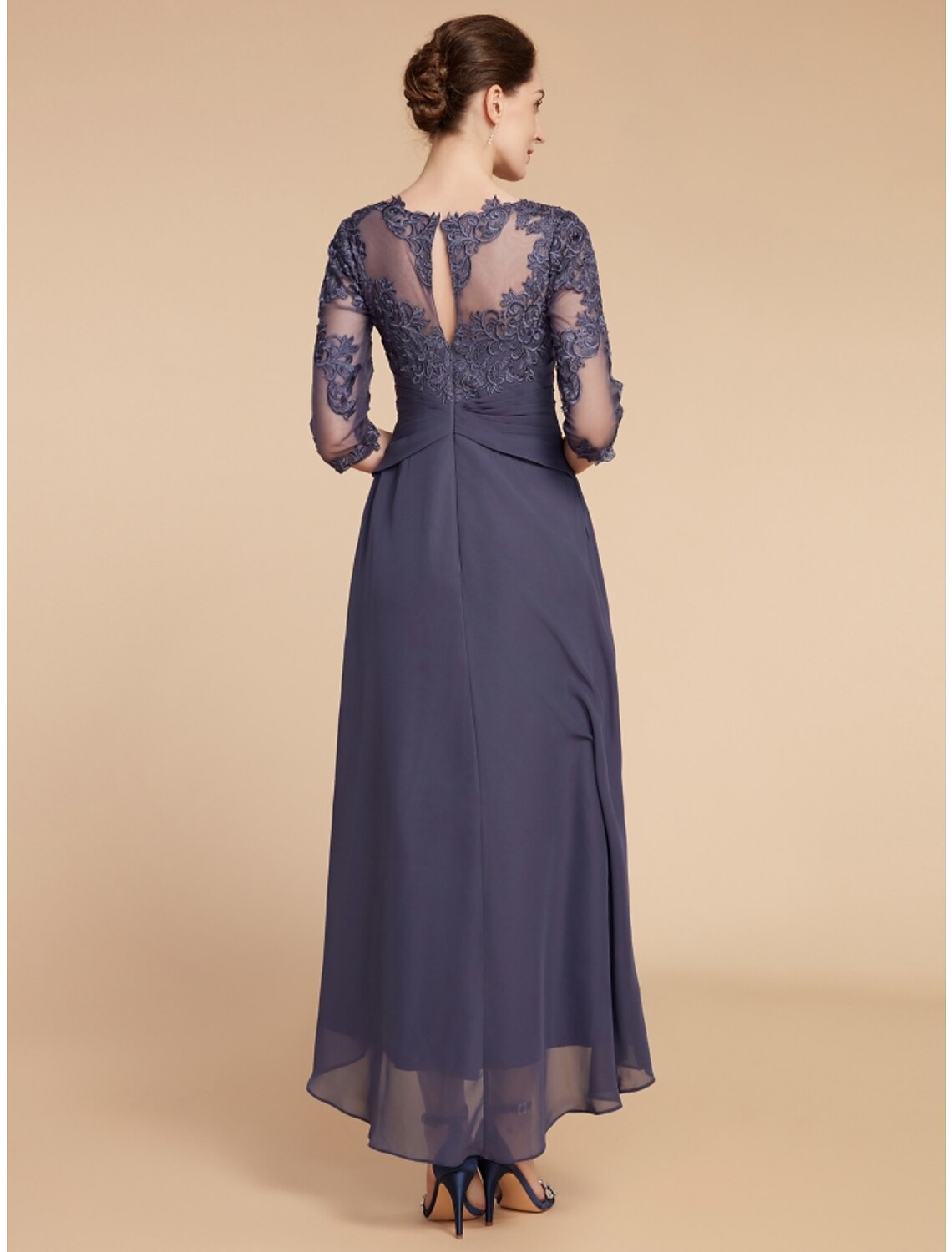 Luolandi A-Line Mother of the Bride Dress Wedding Guest Elegant Scoop Neck Ankle Length Chiffon Lace 3/4 Length Sleeve