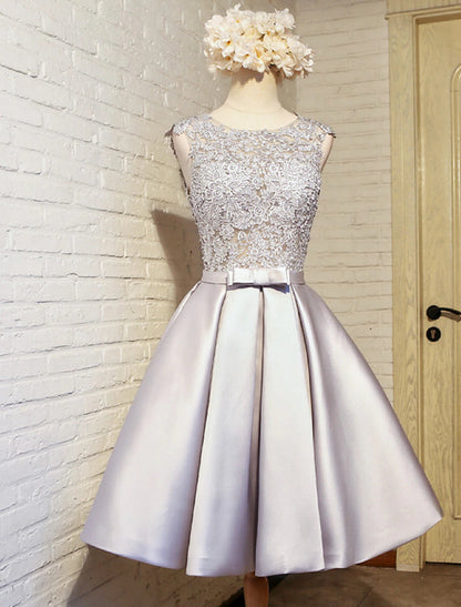 A-Line Lace Homecoming Dresses Open Back Dress Prom Knee Length Sleeveless Jewel Neck Satin