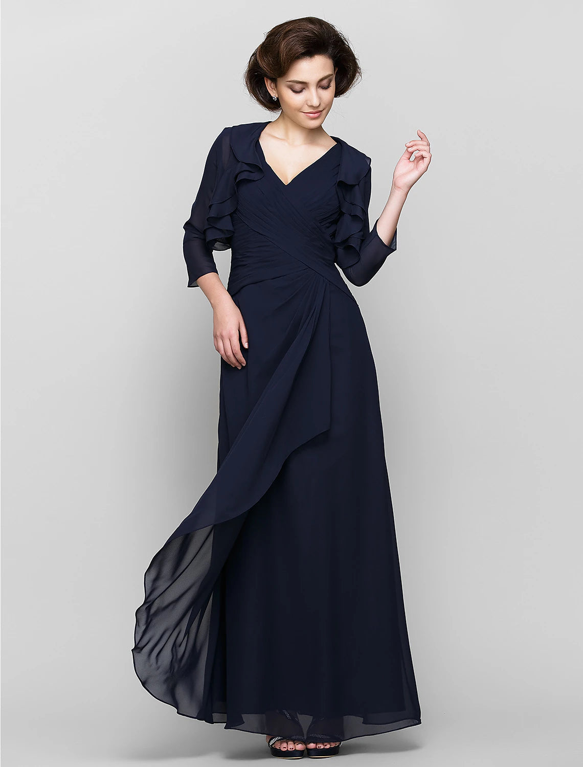 Luolandi Sheath / Column Mother of the Bride Dress Convertible Dress V Neck Floor Length Chiffon 3/4 Length Sleeve with Criss Cross Cascading