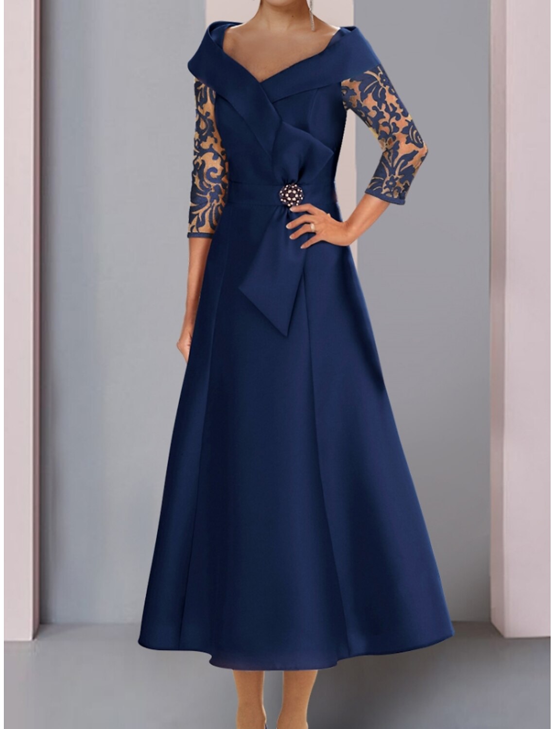Luolandi A-Line Mother of the Bride Dress Wedding Guest Elegant Petite V Neck Tea Length Satin Lace 3/4 Length Sleeve with Bow(s) Crystal