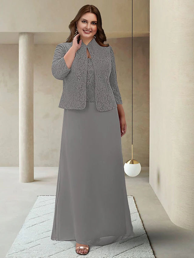 Luolandi Two Piece Sheath / Column Mother of the Bride Dress Plus Size Elegant Jewel Neck Ankle Length Chiffon Lace 3/4 Length Sleeve Wrap Included