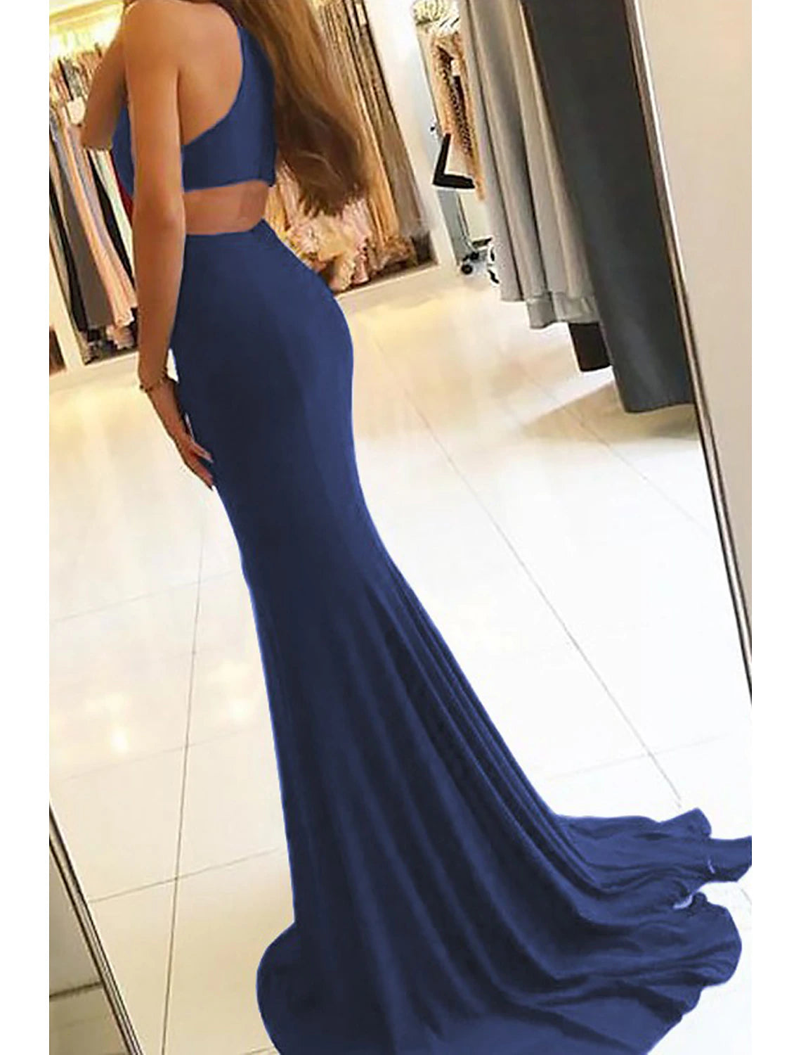 Luolandi Mermaid / Trumpet Evening Gown Bodycon Dress Formal Prom Court Train Sleeveless High Neck Fabric