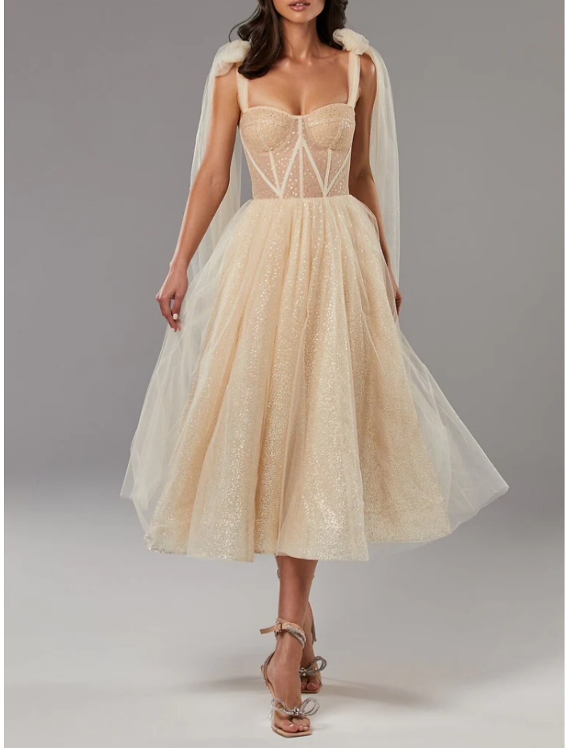 Luolandi A-Line Prom Dresses Elegant Dress Formal Tea Length Sleeveless Sweetheart Tulle with Pleats