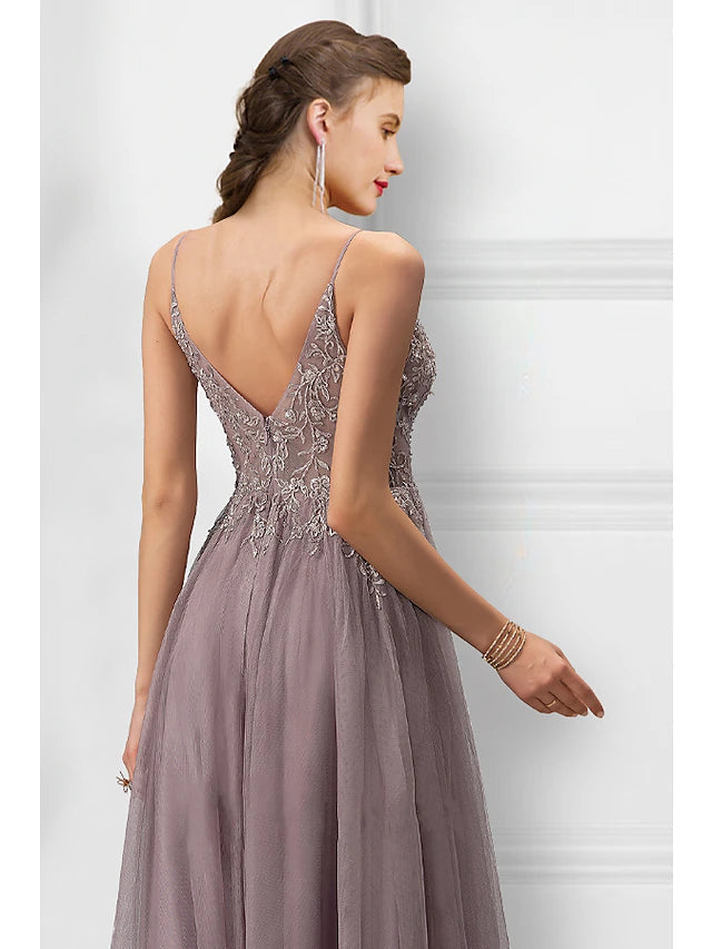 Luolandi A-Line Prom Dresses Floral Dress Party Wear Floor Length Sleeveless Spaghetti Strap Tulle