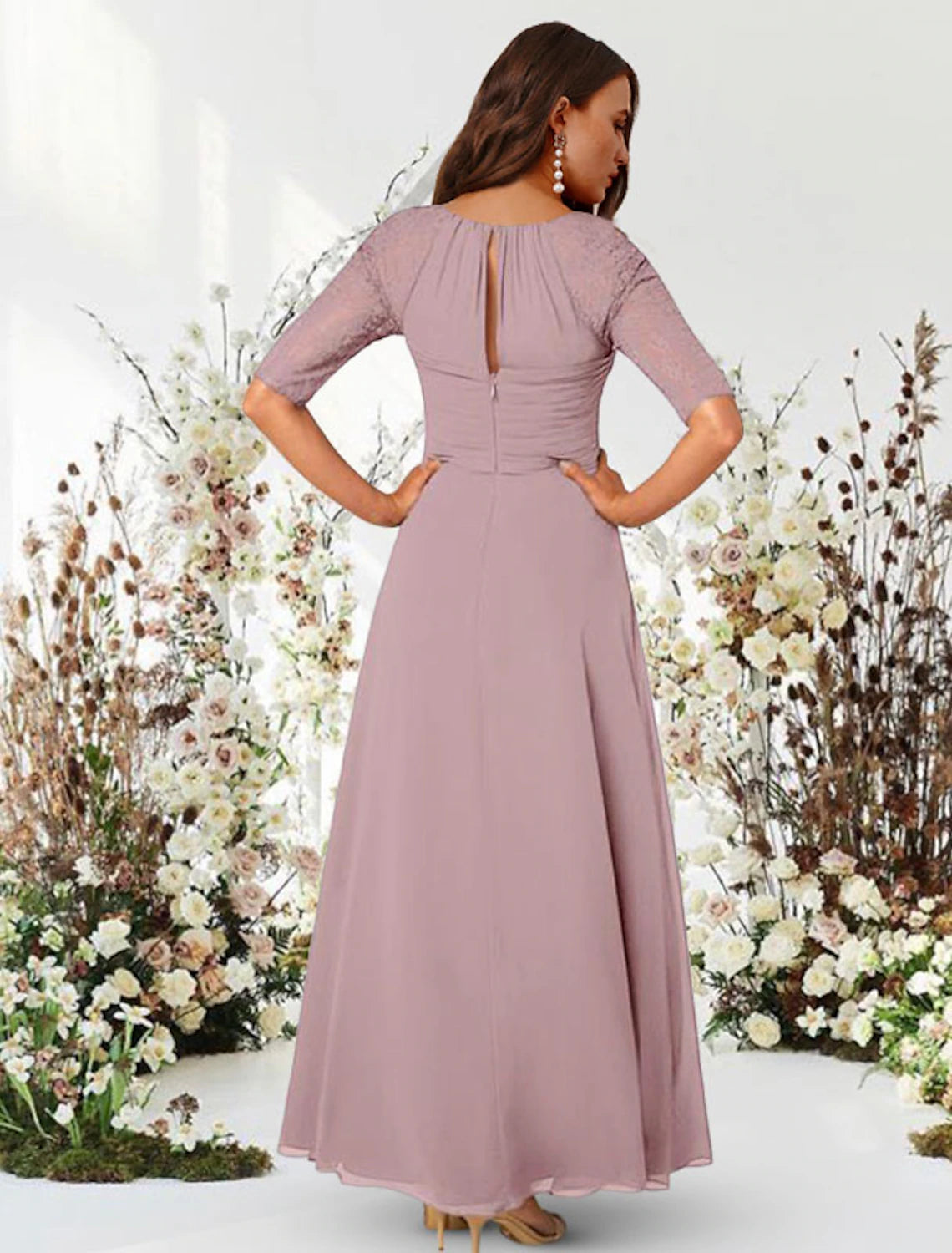 Luolandi A-Line Evening Gown Elegant Dress Wedding Guest Formal Evening Floor Length Half Sleeve Jewel Neck Chiffon