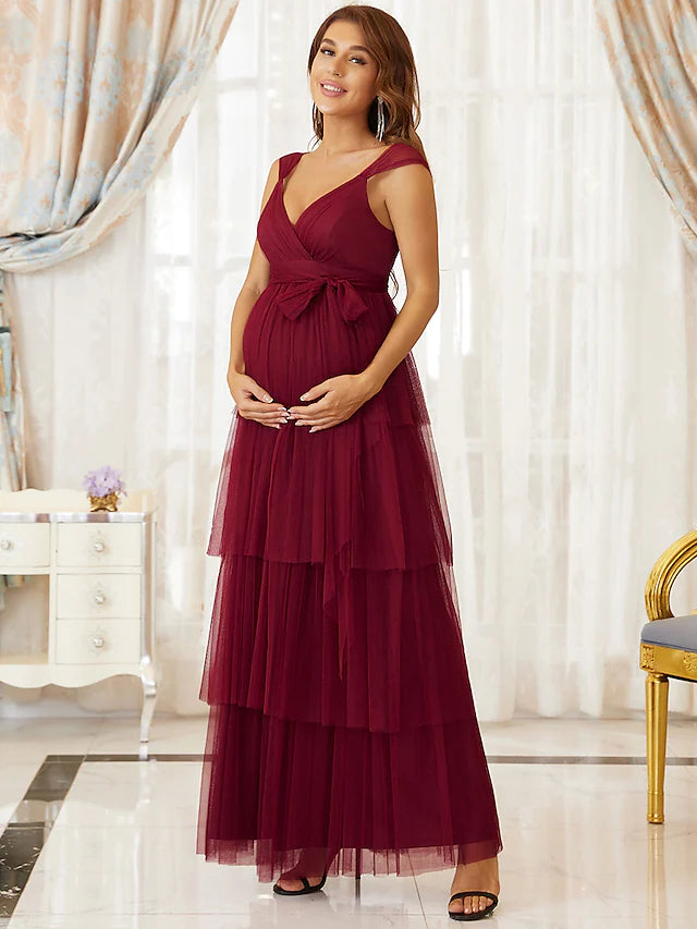 Luolandi A-Line Maternity Cute Formal Evening Dress V Neck Sleeveless Floor Length Tulle with Tier