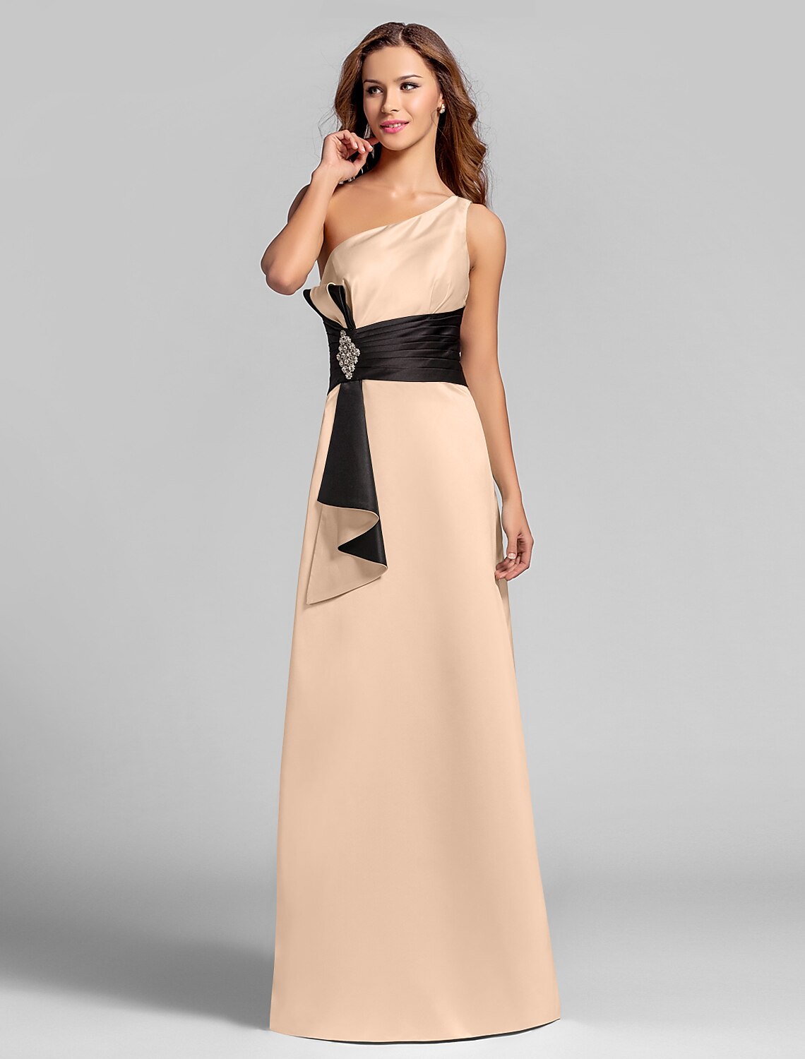 Luolandi A-Line One Shoulder Floor Length Satin Bridesmaid Dress with Crystal Brooch