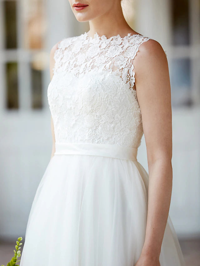 Luolandi Little Dresses Wedding Dresses Tea Length A-Line Sleeveless Illusion Neck Lace With Sashes / Ribbons