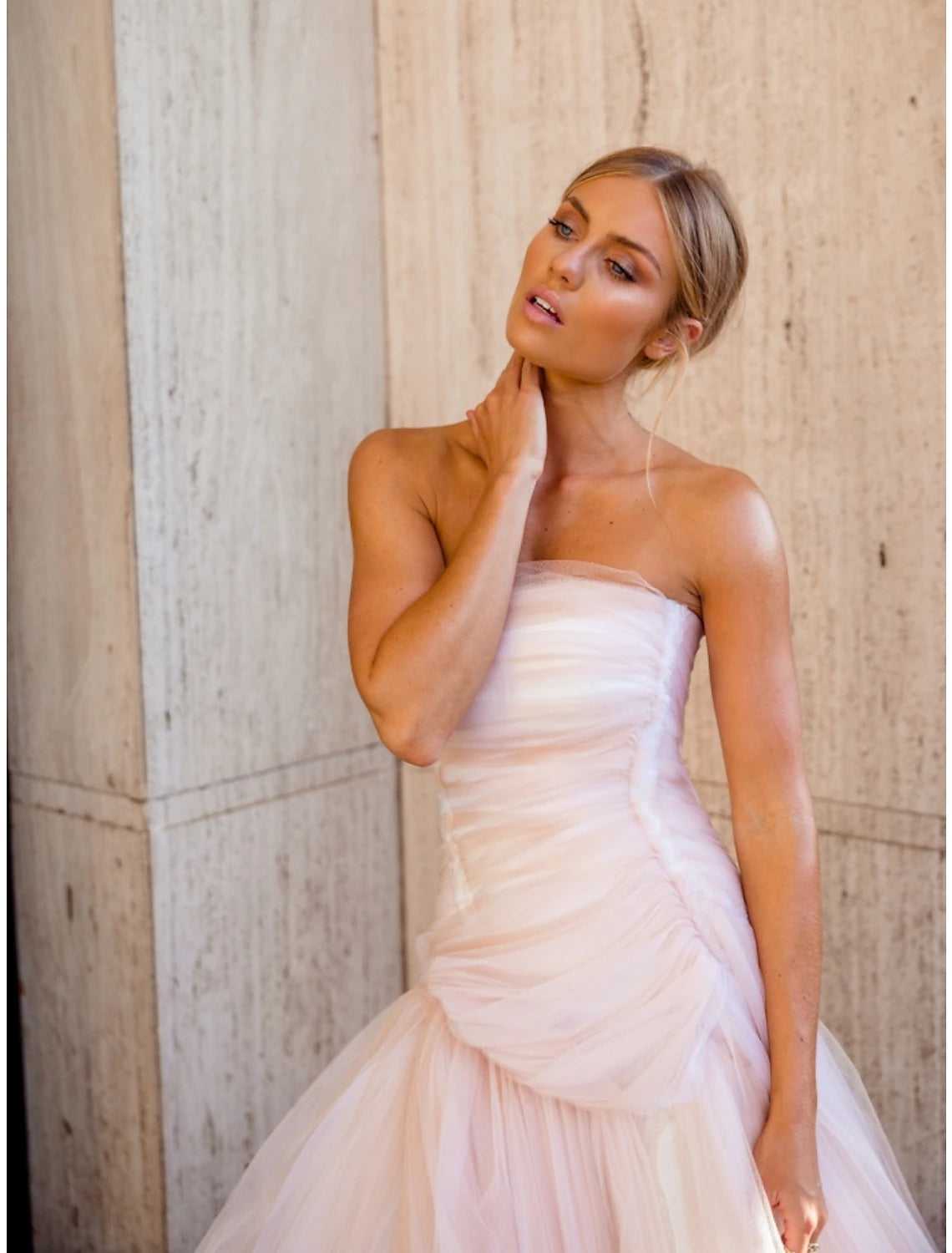 Luolandi A-Line Evening Gown Elegant Dress Formal Court Train Sleeveless Strapless Tulle with Pleats