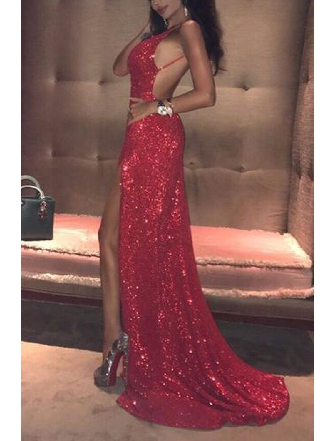 Luolandi Mermaid / Trumpet Prom Dresses Sexy Dress Formal Court Train Sleeveless Strapless Sequined Backless