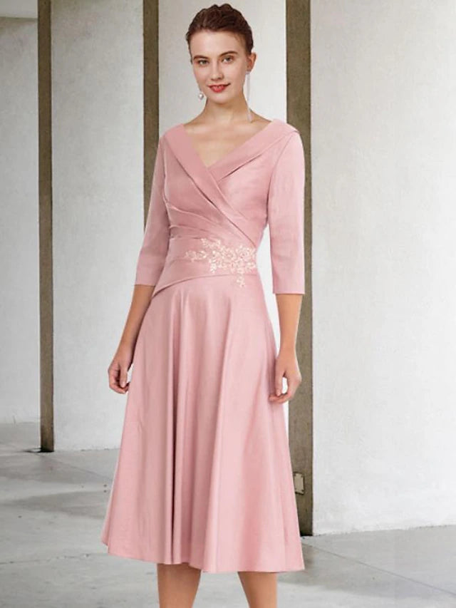Luolandi A-Line Mother of the Bride Dress Vintage Elegant V Neck Tea Length Satin Lace Half Sleeve with Appliques