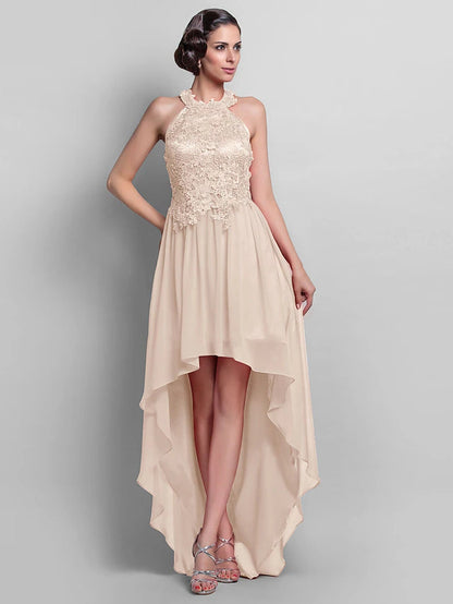 Sheath / Column Elegant Dress Wedding Guest Asymmetrical Sleeveless Halter Chiffon Backless