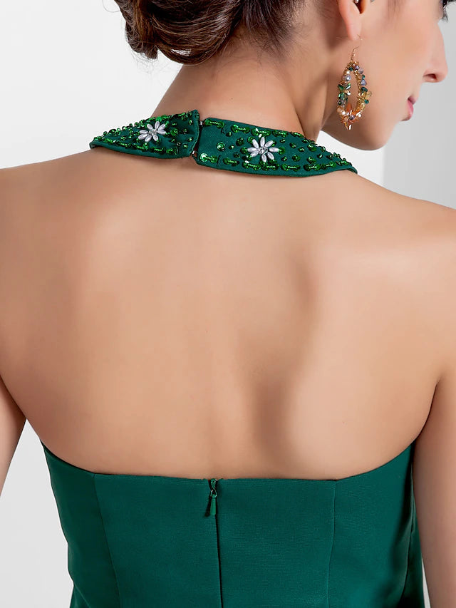 Luolandi A-Line Elegant Dress Wedding Guest Asymmetrical Sleeveless Halter Chiffon Backless with Pleats