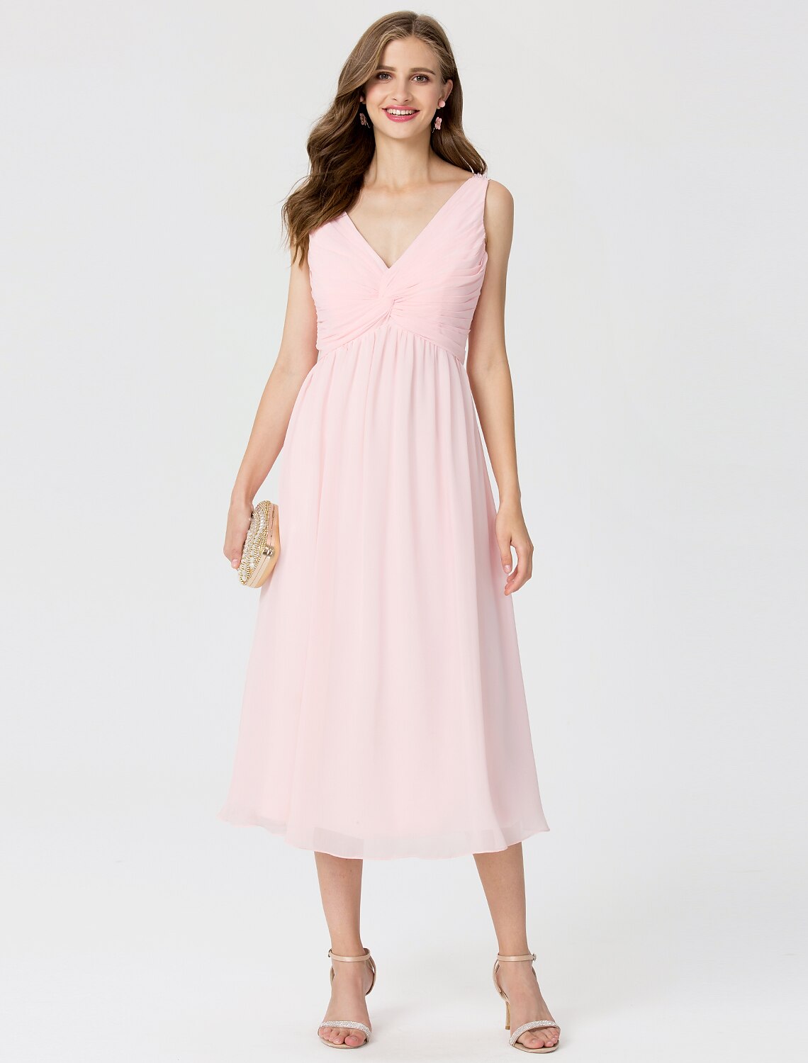 Luolandi Ball Gown / A-Line V Neck Tea Length Chiffon Bridesmaid Dress with Criss Cross