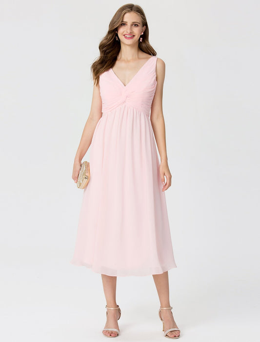Ball Gown / A-Line V Neck Tea Length Chiffon Bridesmaid Dress with Criss Cross