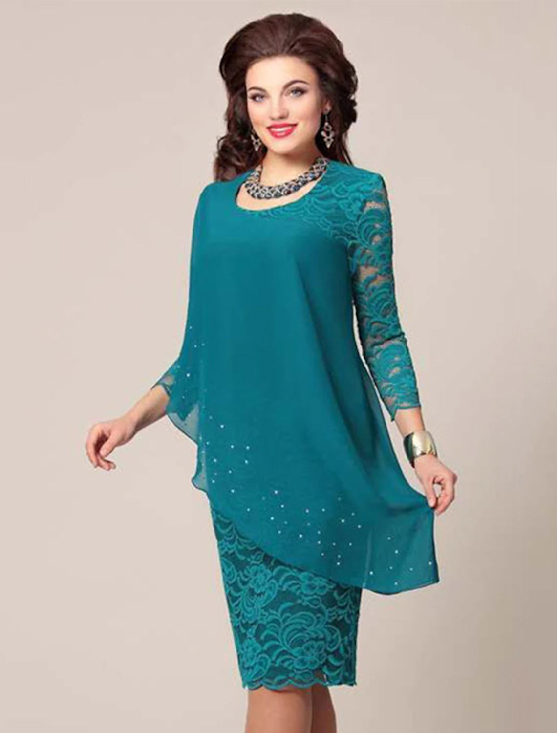 Luolandi Sheath / Column Mother of the Bride Dress Simple Elegant Jewel Neck Knee Length Chiffon 3/4 Length Sleeve with Lace