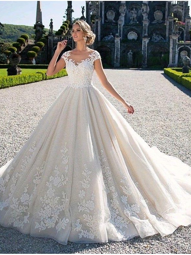 Luolandi Engagement Open Back Sexy Formal Wedding Dresses Chapel Train Ball Gown Cap Sleeve Illusion Neck Lace