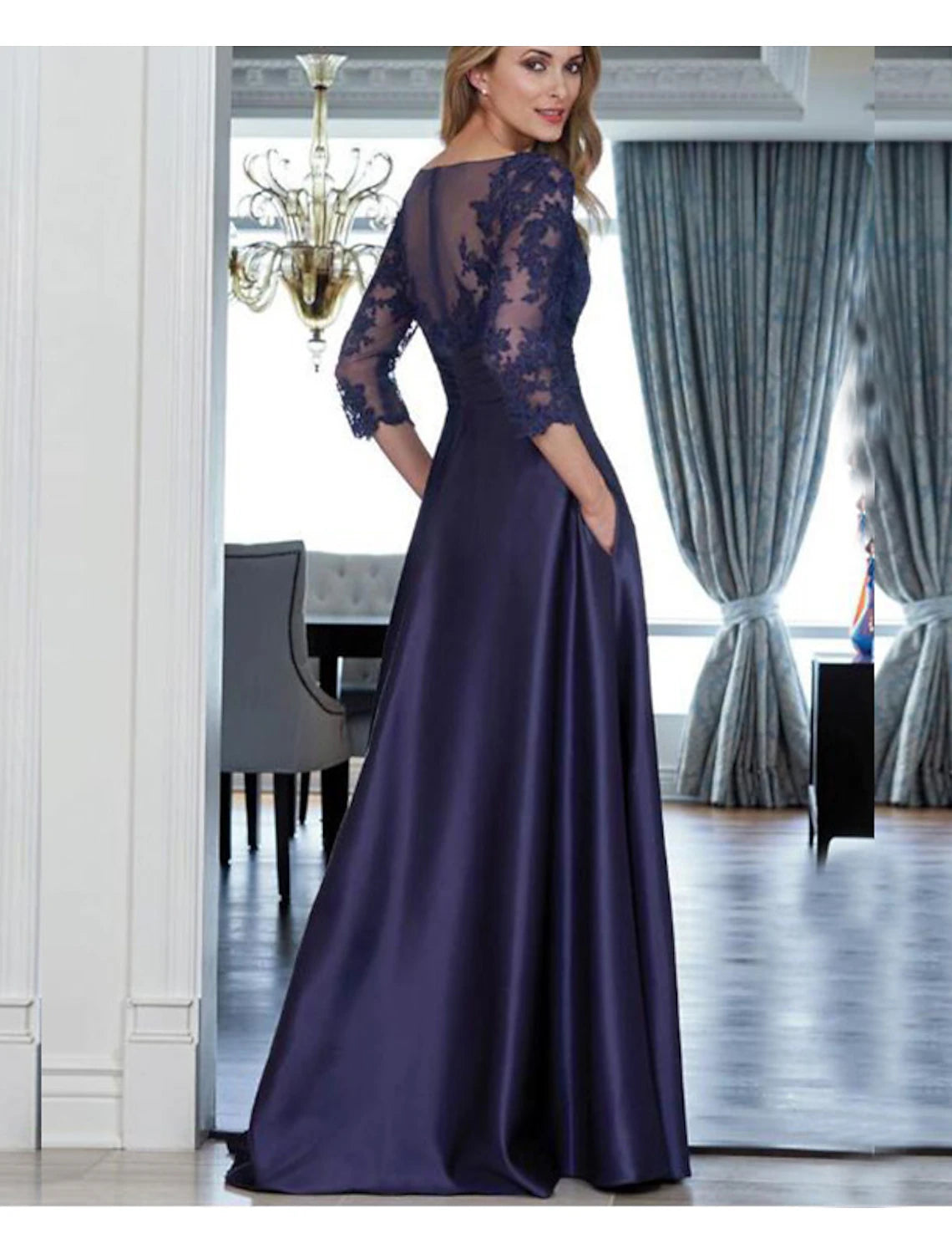 Luolandi A-Line Sheath / Column Mother of the Bride Dress Simple Elegant Jewel Neck Floor Length Italy Satin Long Sleeve No with Ruched