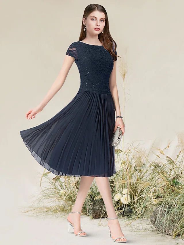 Luolandi A-Line Cocktail Dresses Flirty Dress Homecoming Tea Length Short Sleeve Jewel Neck Chiffon