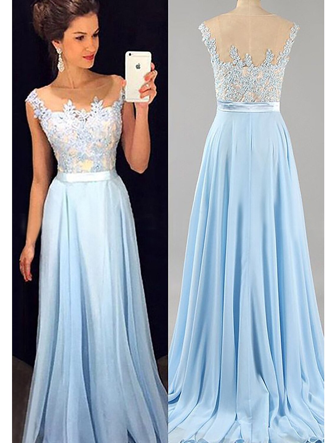 Luolandi A-Line Prom Dresses Floor Length Sleeveless Jewel Neck Chiffon Formal Dresses with Appliques