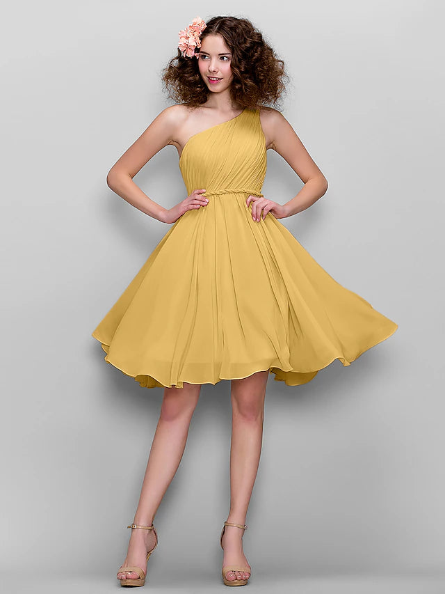 Luolandi A-Line Bridesmaid Dress One Shoulder Sleeveless All Celebrity Styles Knee Length Chiffon with Side