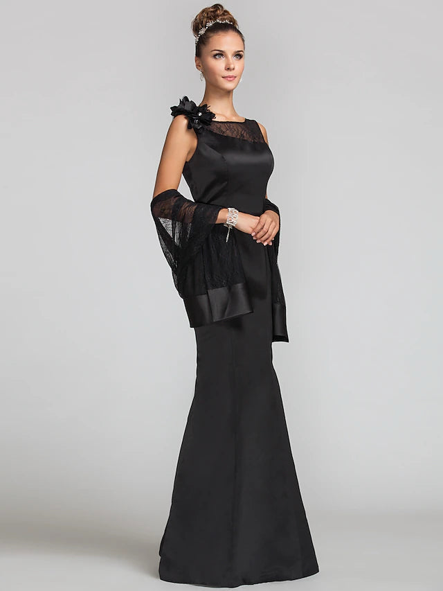 Luolandi Mermaid / Trumpet Mother of the Bride Dress Wrap Included Jewel Neck Floor Length Satin Lace Sleeveless with Flower