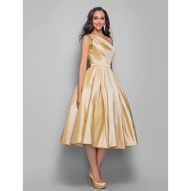 Luolandi A-Line Minimalist Elegant Cocktail Party Wedding Party Dress One Shoulder Sleeveless Tea Length Taffeta with Sash