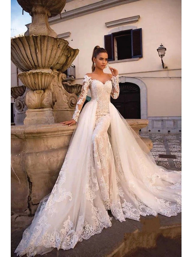 Luolandi Engagement Formal Fall Wedding Dresses Mermaid / Trumpet Illusion Neck Long Sleeve Court Train Lace Bridal