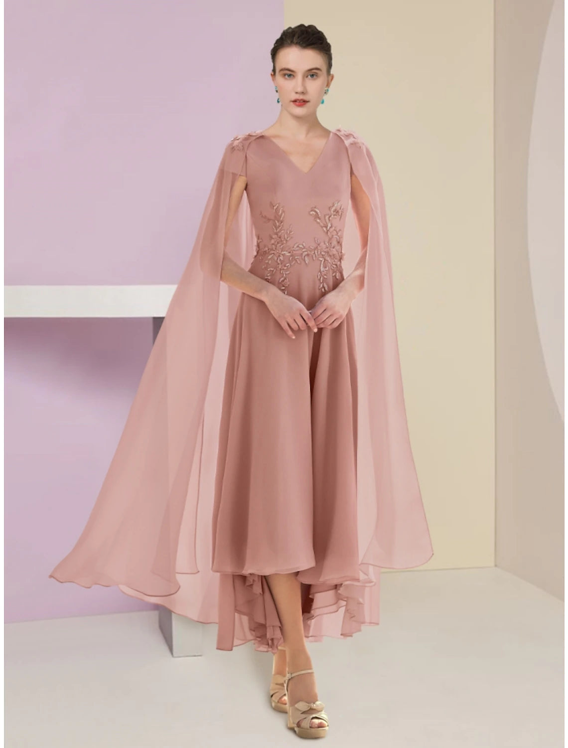 Luolandi A-Line Mother of the Bride Dress Wedding Guest Elegant V Neck Asymmetrical Ankle Length Chiffon Lace Short Sleeve with Ruching