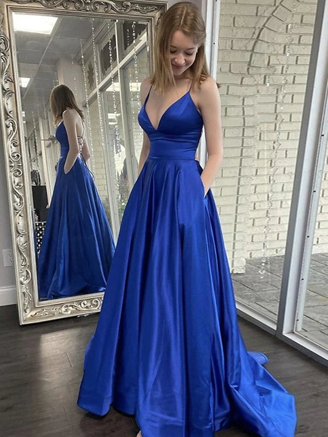 Luolandi A-Line Prom Dresses Princess Dress Formal Sweep / Brush Train Sleeveless V Neck Pocket Satin Backless