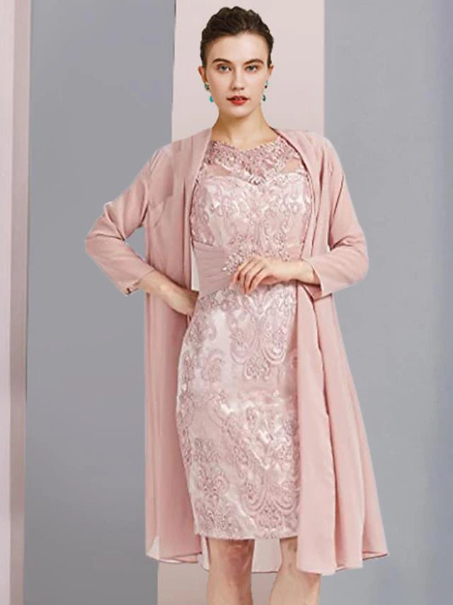 Luolandi Two Piece Sheath / Column Mother of the Bride Dress Formal Wedding Guest Elegant Scoop Neck Knee Length Chiffon Lace Sleeveless Jacket Dresses with Beading