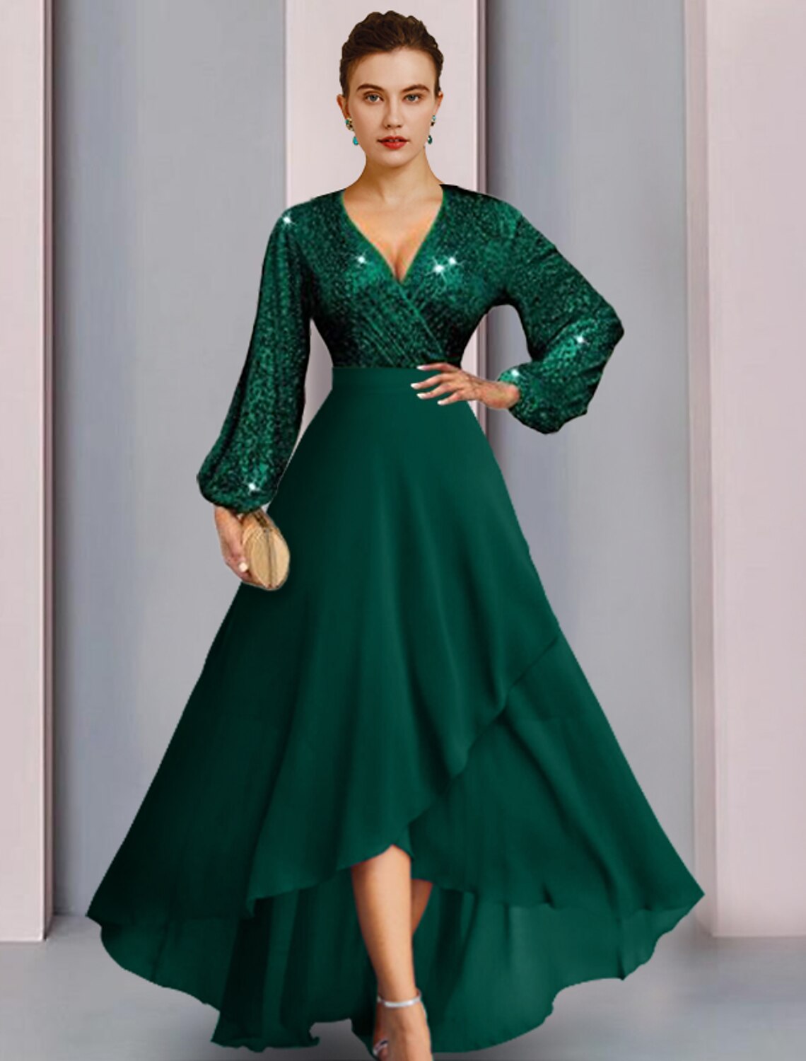 Luolandi Sheath / Column Mother of the Bride Dress Wedding Guest Elegant Sparkle & Shine V Neck Asymmetrical Chiffon Sequined Long Sleeve with Pleats