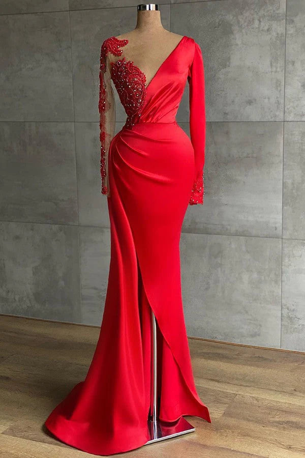 Luolandi Red Long Sleeve V Neck Mermaid Prom Dress With Beadings Sexy Evening Dress Party Dress